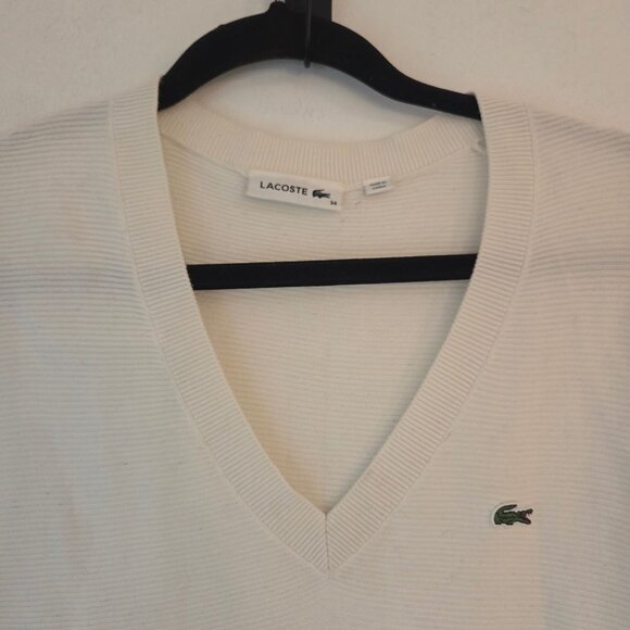 Lacoste Women's V-Neck Ribbed Cream Lightweight Sweater Shirt Oversize S (34) - Picture 3 of 7